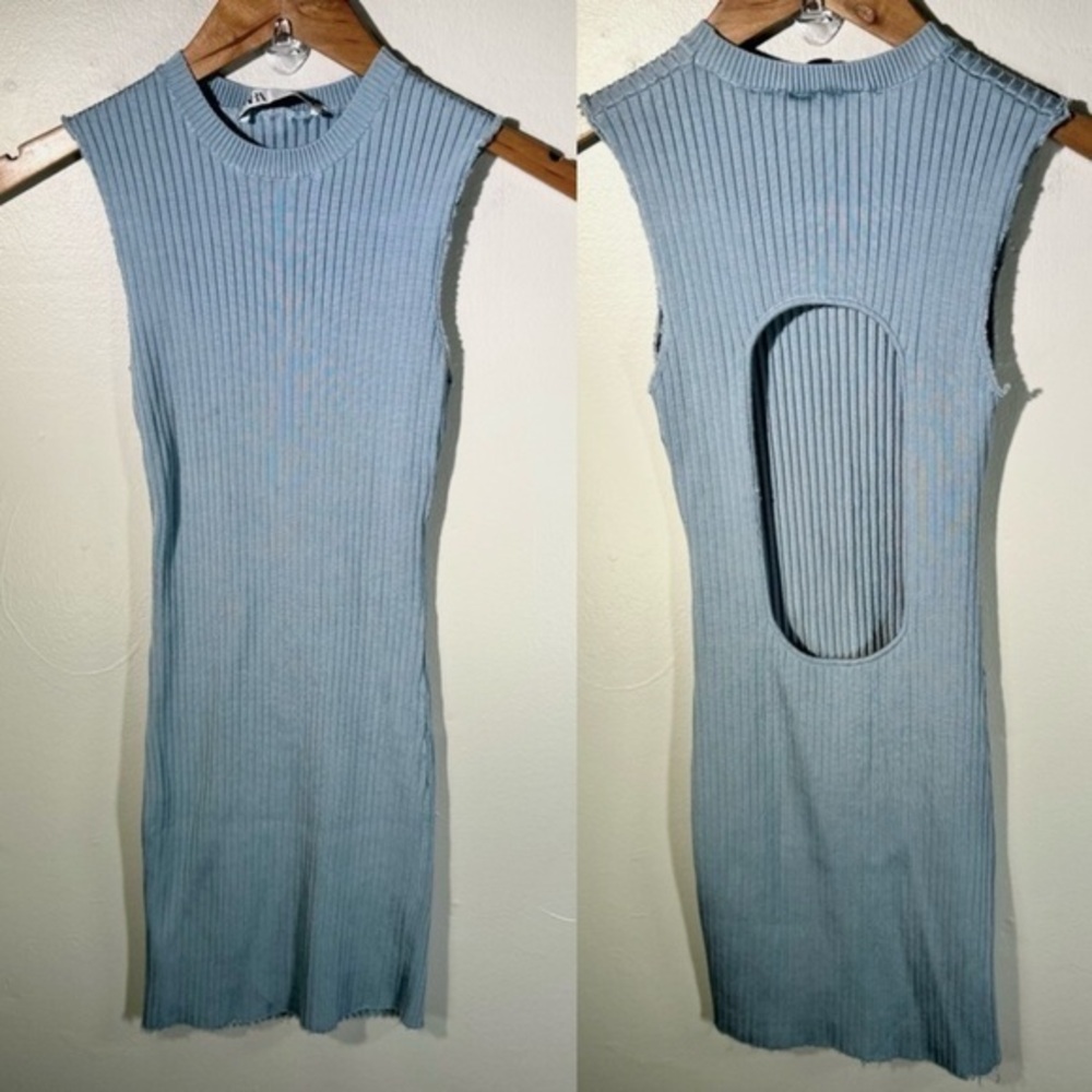 ZARA stretchy ribbed dress powder blue open back sleeveless raw hem SMALL y2k